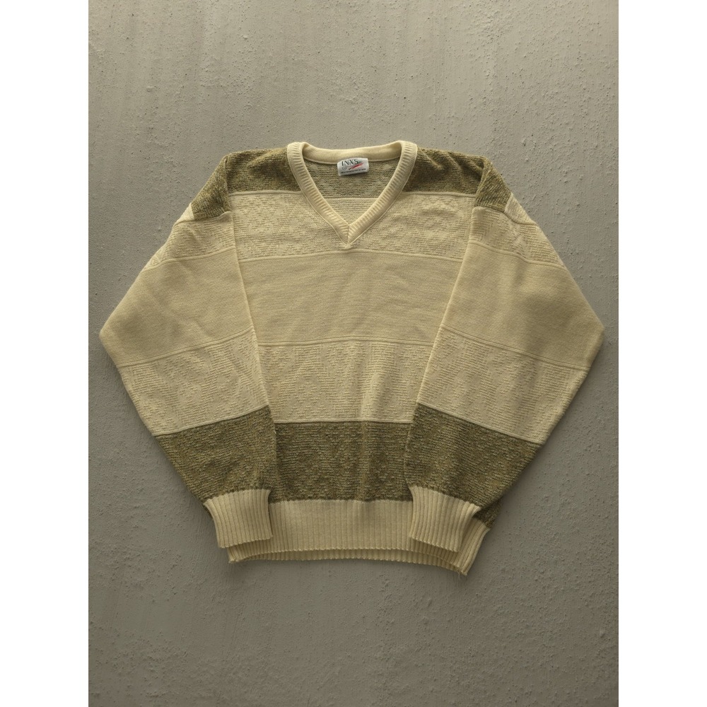 Vintage 1980s INXS‎ Ivory Green V-neck Geometric Wool Blend Sweater L